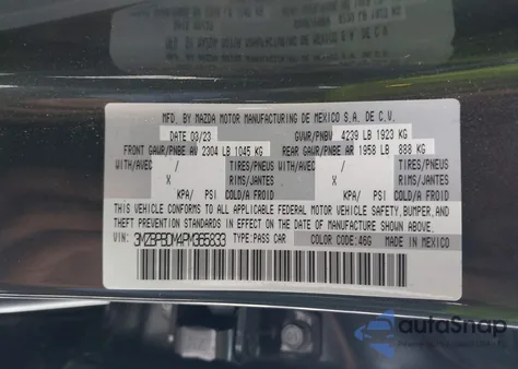 2023 Mazda Mazda3 2.5 S Premium z USA, uszkodzony, nr VIN 3MZBPBDM4PM365833